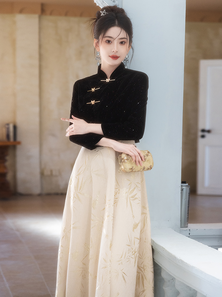 Women'S Formal Dinner Wear - Black New Chinese Style Set Annual