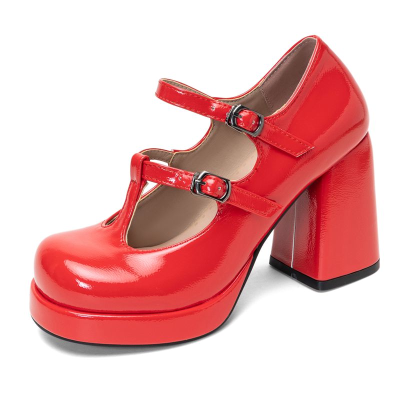 Pump Heel Block - Retro Shiny Female Pump Round Toe
