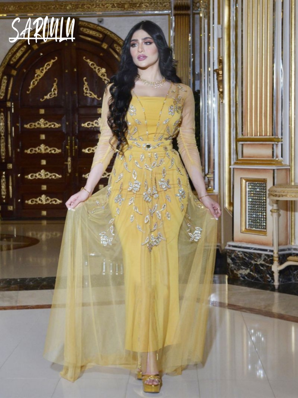 Elegant Yellow Caftan Evening  - Yellow Formal Wear Women บทวิจารณ์และราคา