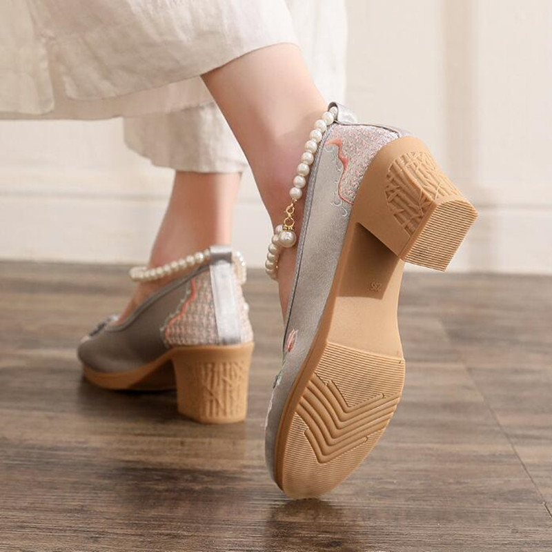 Women Vintage Pearls Ankle Str - Pump Heel Block บทวิจารณ์และราคา