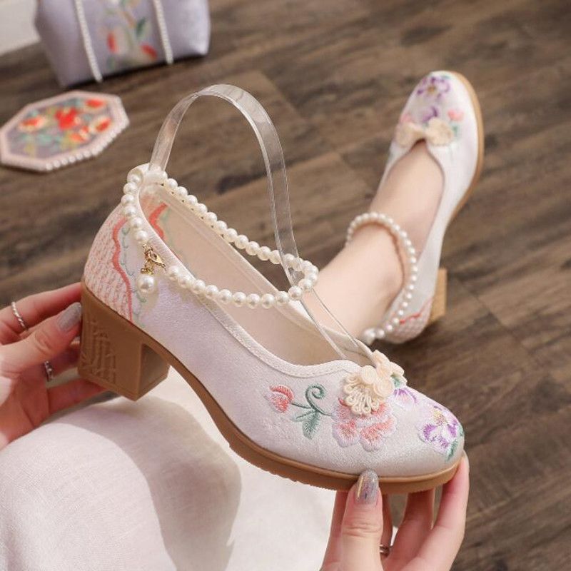Women Vintage Pearls Ankle Str - Pump Heel Block บทวิจารณ์และราคา