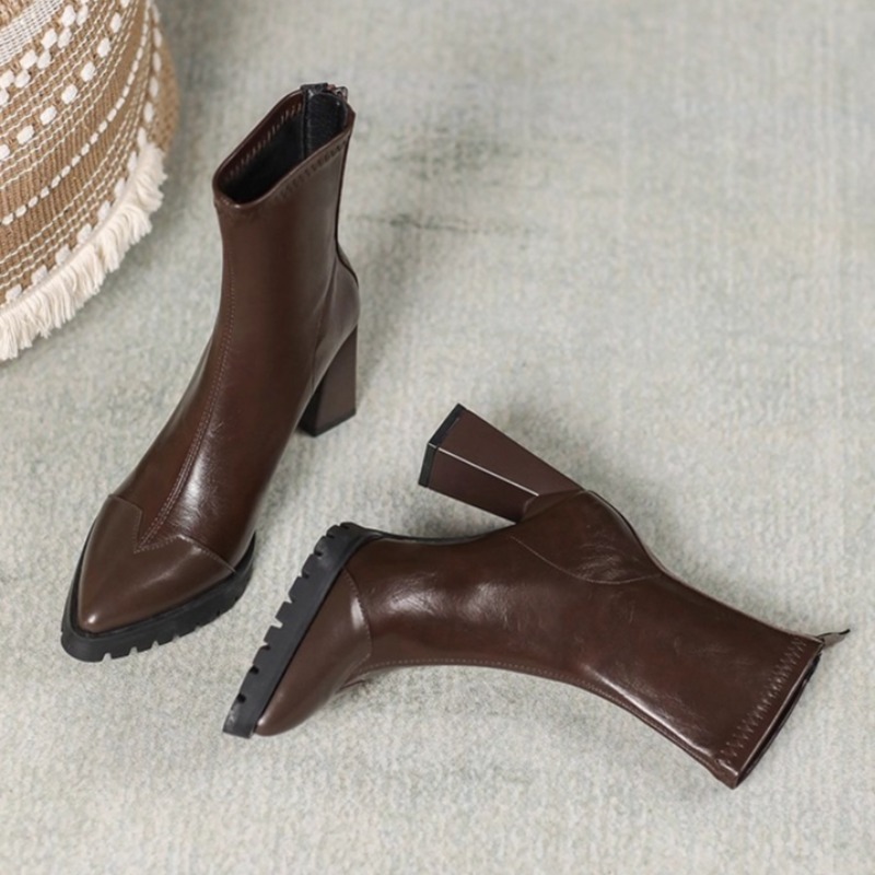Pointed Toe French Tight Boots - Pump Heel Block บทวิจารณ์และราคา