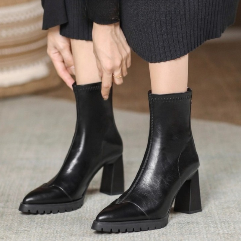 Pointed Toe French Tight Boots - Pump Heel Block บทวิจารณ์และราคา