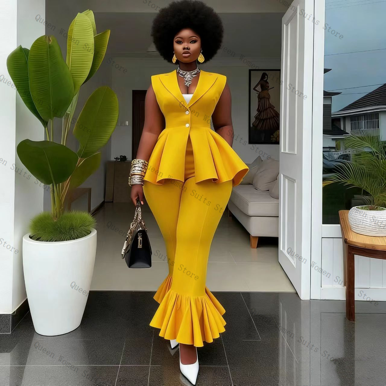 Yellow Women Suit Pants Set 2  - Yellow Formal Wear Women บทวิจารณ์และราคา