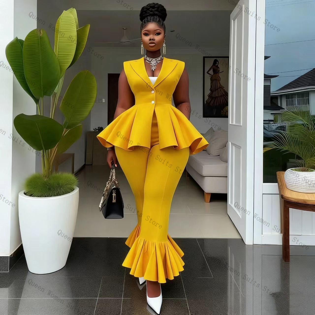 Yellow Women Suit Pants Set 2  - Yellow Formal Wear Women บทวิจารณ์และราคา