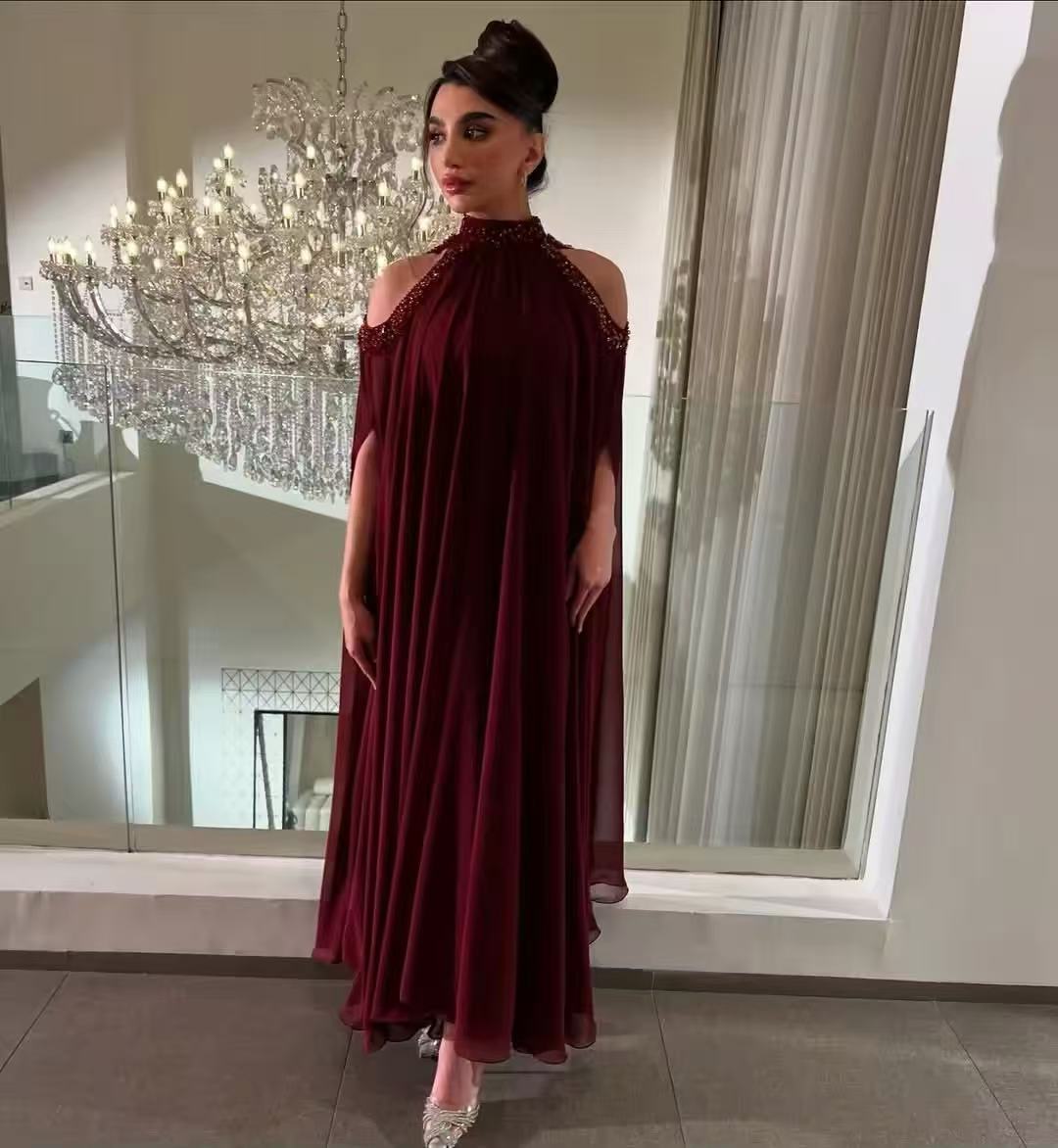 Customized Saudi Burgundy Prom - Women Formal Wear With Tie บทวิจารณ์และราคา