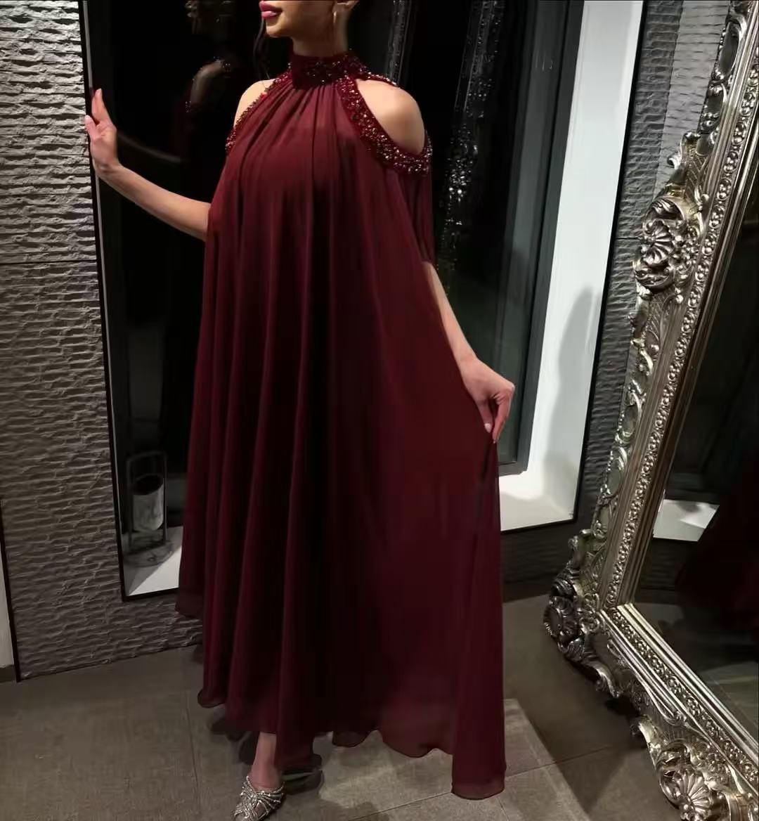 Customized Saudi Burgundy Prom - Women Formal Wear With Tie บทวิจารณ์และราคา