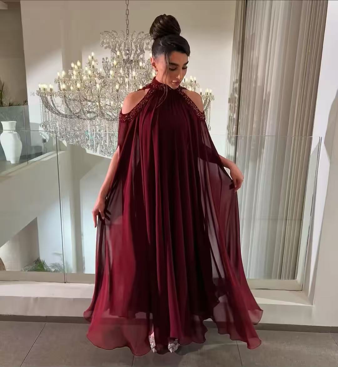 Customized Saudi Burgundy Prom - Women Formal Wear With Tie บทวิจารณ์และราคา